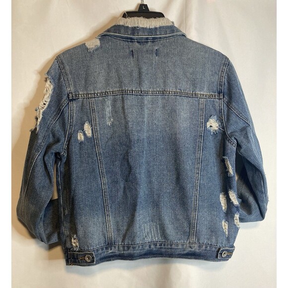 Boho Denim Jacket M Blue Jean Distressed Grunge Y2K Staple CI SONO - Picture 9 of 11